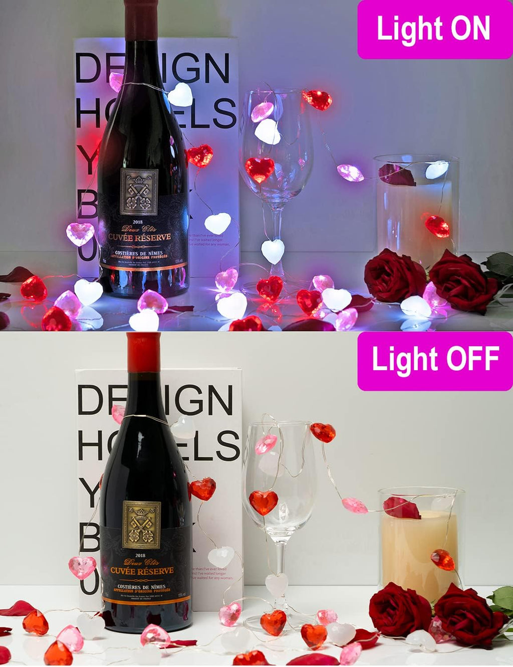 BOHON Valentine Day Decor 10 ft 30 LEDs 3D Heart Lights, Red White Pink