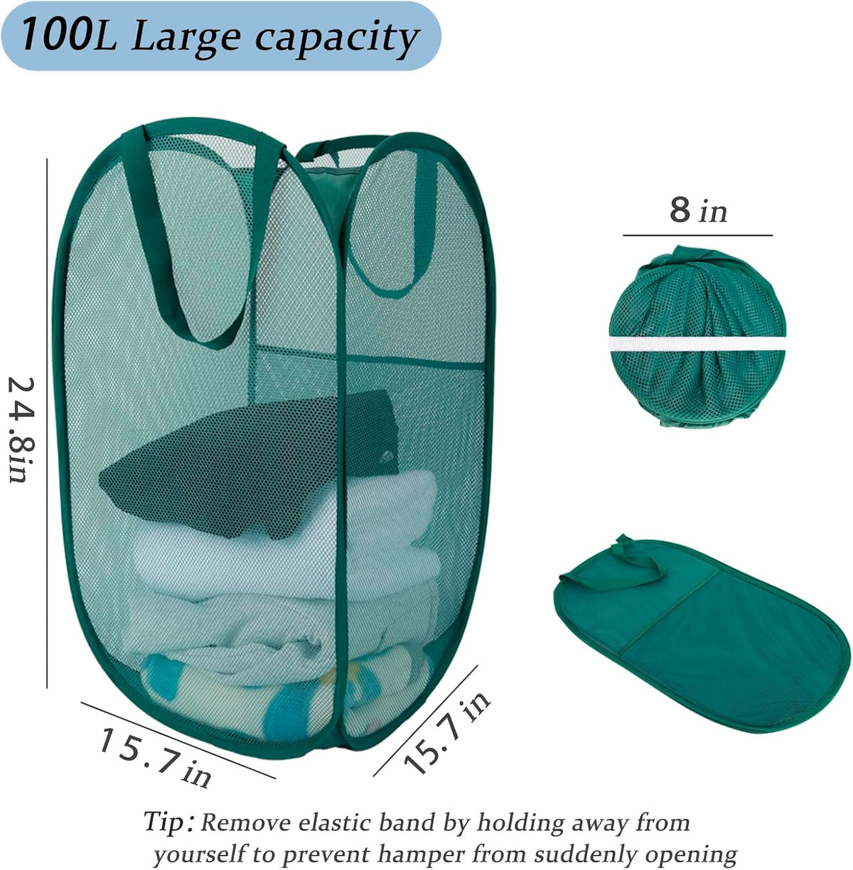 Upgraded 100L Extra Large Collapsible Laundry Baskets, 2 Pack XL Mesh Pop Up Laundry Hamper with Handles, Portable Travel Laundry Basket, Foldable Hamper. Green