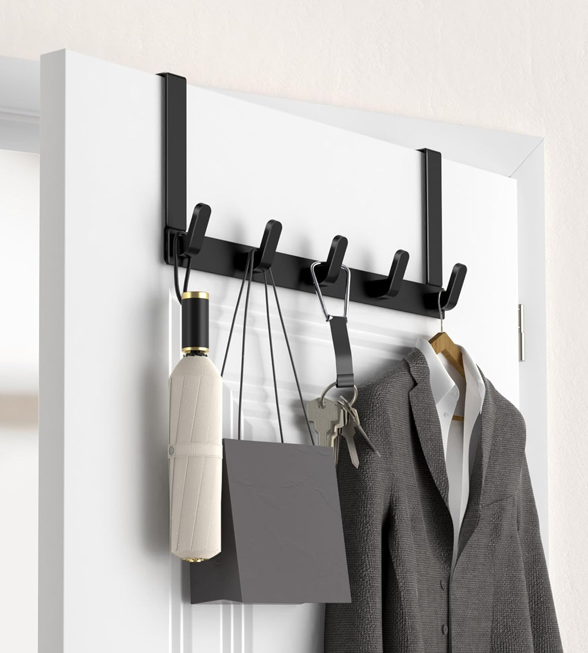 KitchLife Over The Door Hooks - Heavy Duty 5-Hook Organizer, 80lb Total Capacity for Robes, Coats & Towels, Fits 1 3/4" Doors, L18U, Gap-Free & Scratch-Free Design, Matte Black,1-Pack