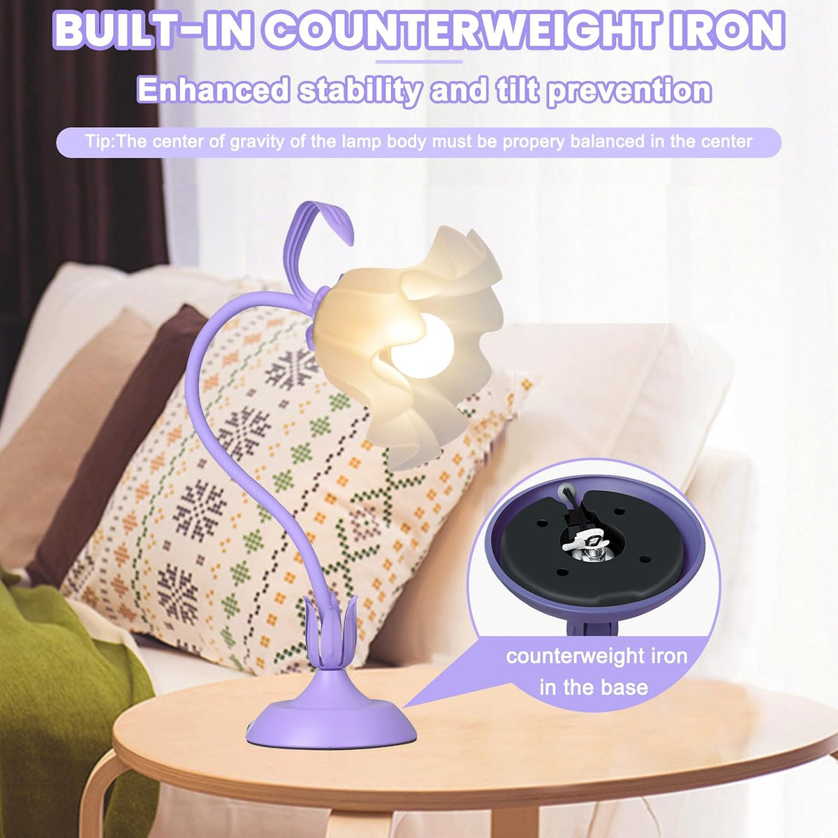 Flower Desk Lamp, LED Reading Light Flower Table Lamp, 3 Colors Flower Lamp for Girls Bedroom, Adjustable Flexible Nightstand Lamps, Bedside Table Lamp for Bedroom, Living Room, Home Decor (Purple)