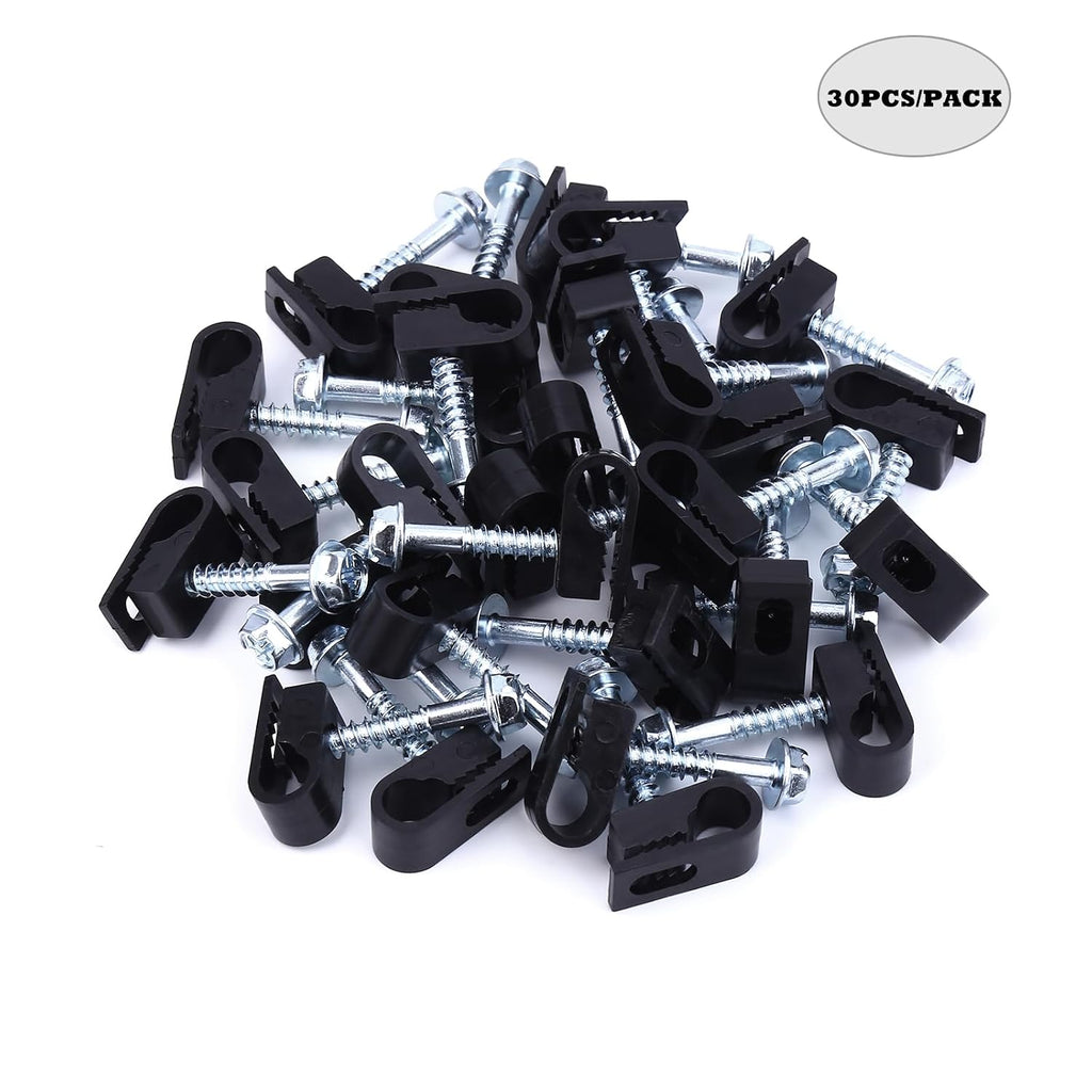 Cable Clips with Screws Fastener 1/4 Inch (6 mm) - All Weather Wire Clips for Coaxial, Ethernet,Electrical Cables,Brick/Stucco Siding Clips, UV-Resistant for Outdoor Wall Mount, 30 Pack,Black