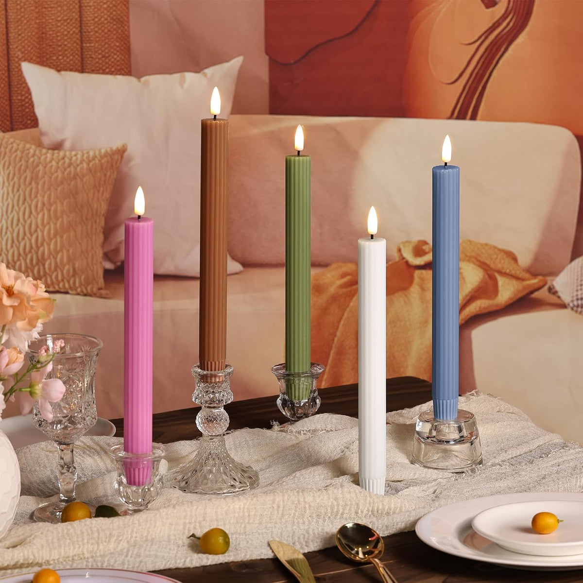 Brown Ribbed Fall Flameless Taper Candles with Remote Set of 4