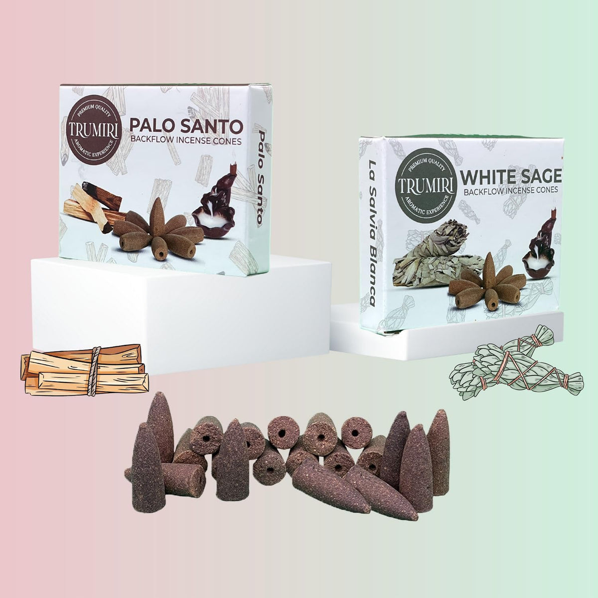 Backflow Incense Cones Combo Pack - 20 Cones, 10 Palo Santo & 10 White Sage Waterfall Incense