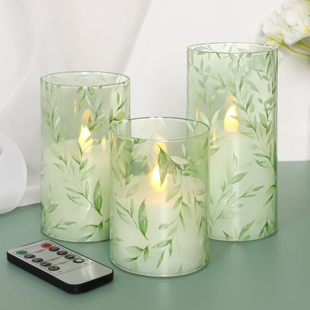 Glass Flameless Candles Green Decor Willow Leaves Vines Greenery Battery Operated LED Pillar Candles for Elegant Home Botanical Decor Special Occasions, Set of 3