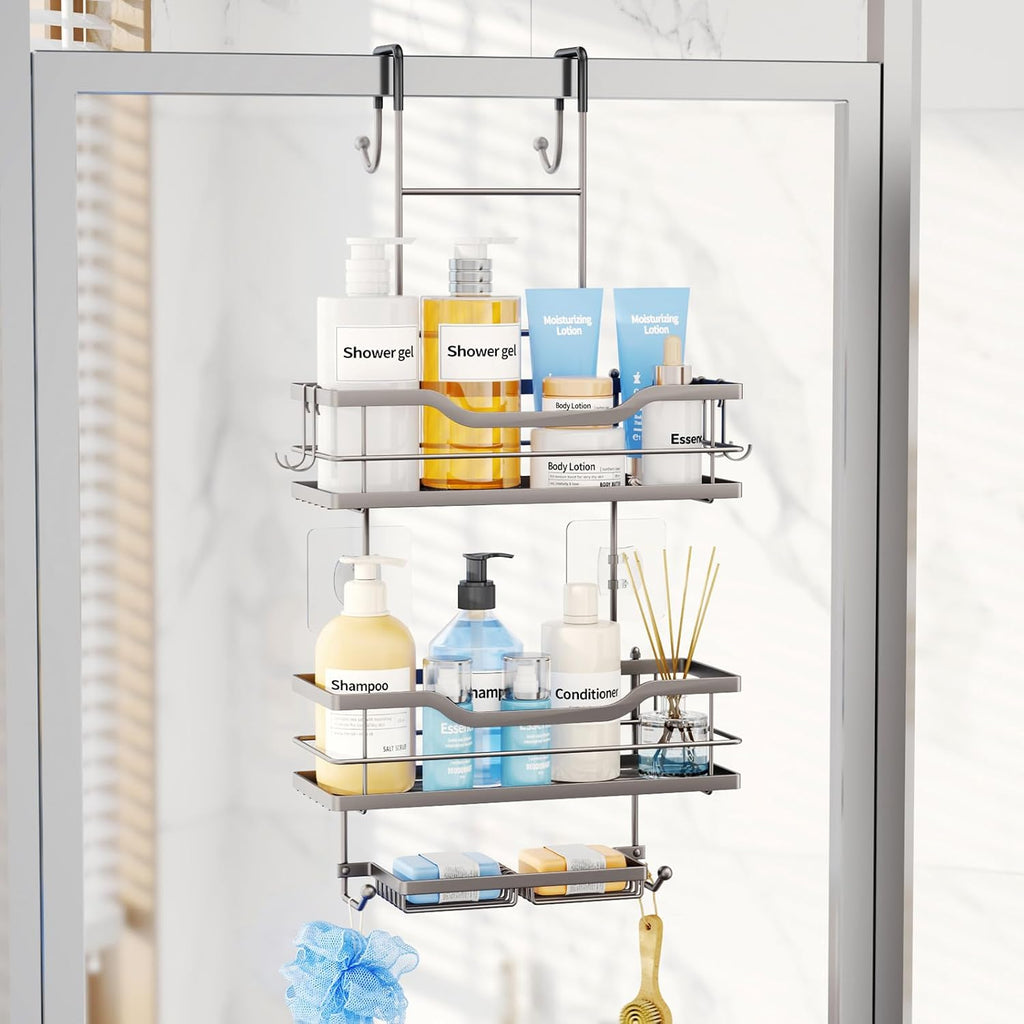 Consumest Over The Door Shower Caddy - 3 Tier Shower Organizer Hanging with Soap Holders, Large Capacity Shower Shelves with 6 Hooks, Bathroom Rack and Storage, Satin Nickel