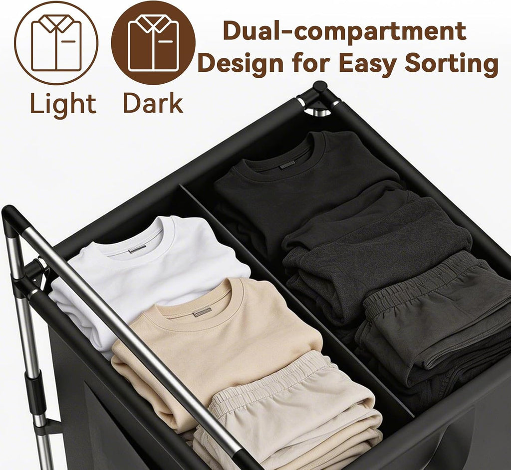Laundry Hamper 2 Section with Wheels - Rolling Laundry Basket,Black