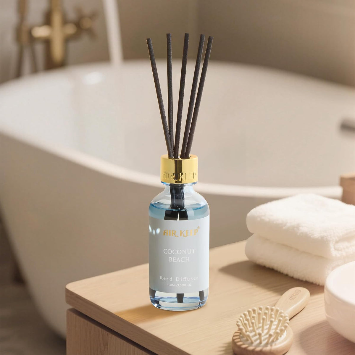 Airkeep Reed Diffuser Set, 3.38 fl oz (100 ml) - Coconut Beach Oil Diffusers with 8 Reed Sticks, Home Fragrance Reed Diffuser for Bathroom Shelf Decor