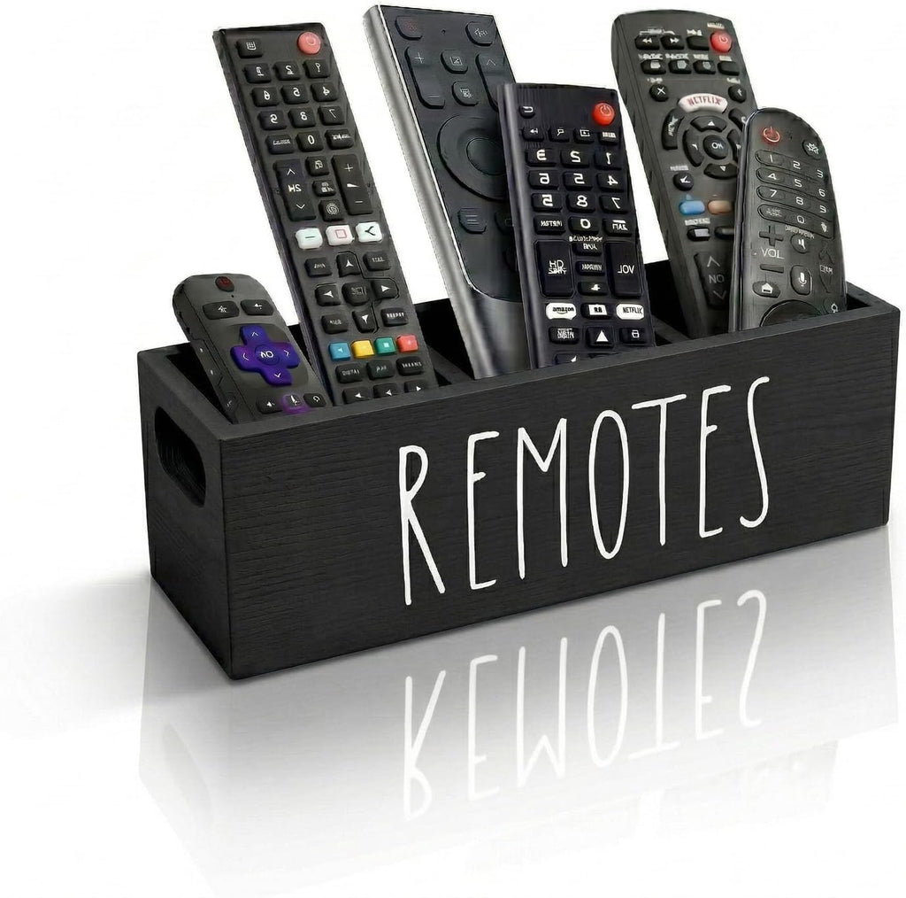 Remote Control Holder, Farmhouse Remote Storage Caddy, Bedside TV Controller Box, Rustic Wood Media Organizer Tray for Home Bedroom Table (Black)