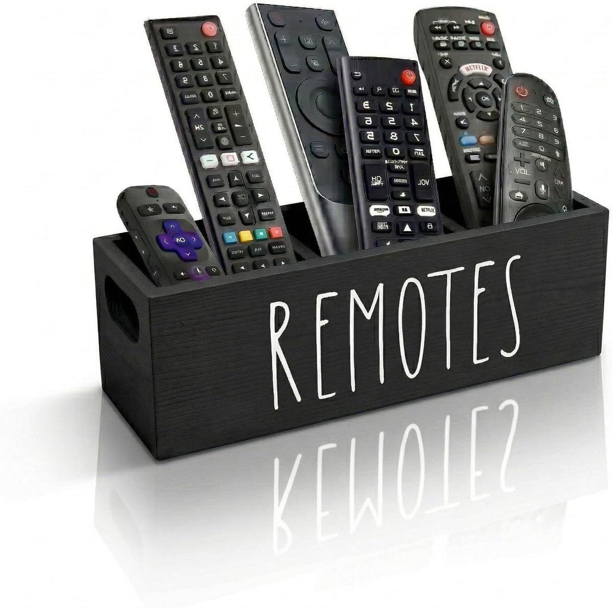 Remote Control Holder, Farmhouse Remote Storage Caddy, Bedside TV Controller Box, Rustic Wood Media Organizer Tray for Home Bedroom Table (Black)