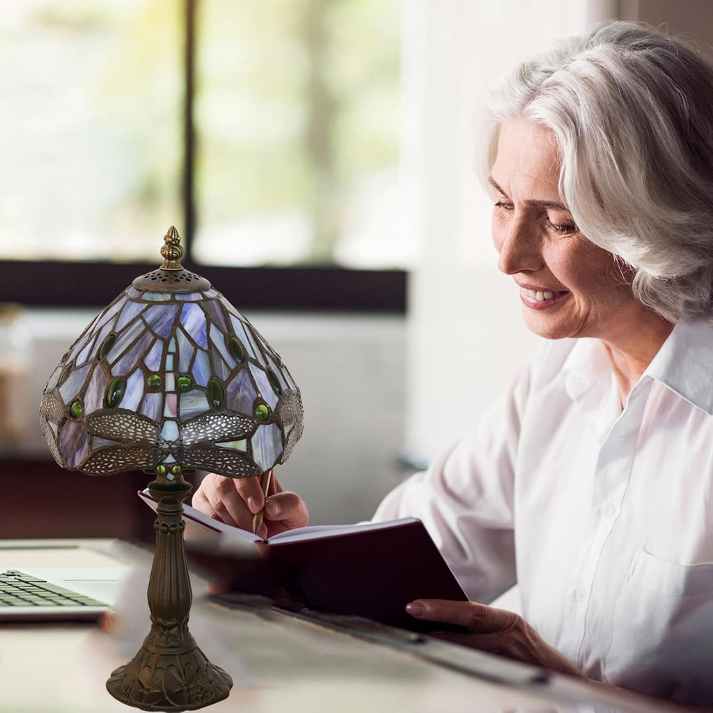 Tiffany Small Table Lamp Blue Dragonfly Hand-Made Stained Glass Table Lamps for Bedroom 8.5X8.5X15 Inch Night Light Bedside Nightstand Home Office Desk Lamp W/ E12 LED Bulb