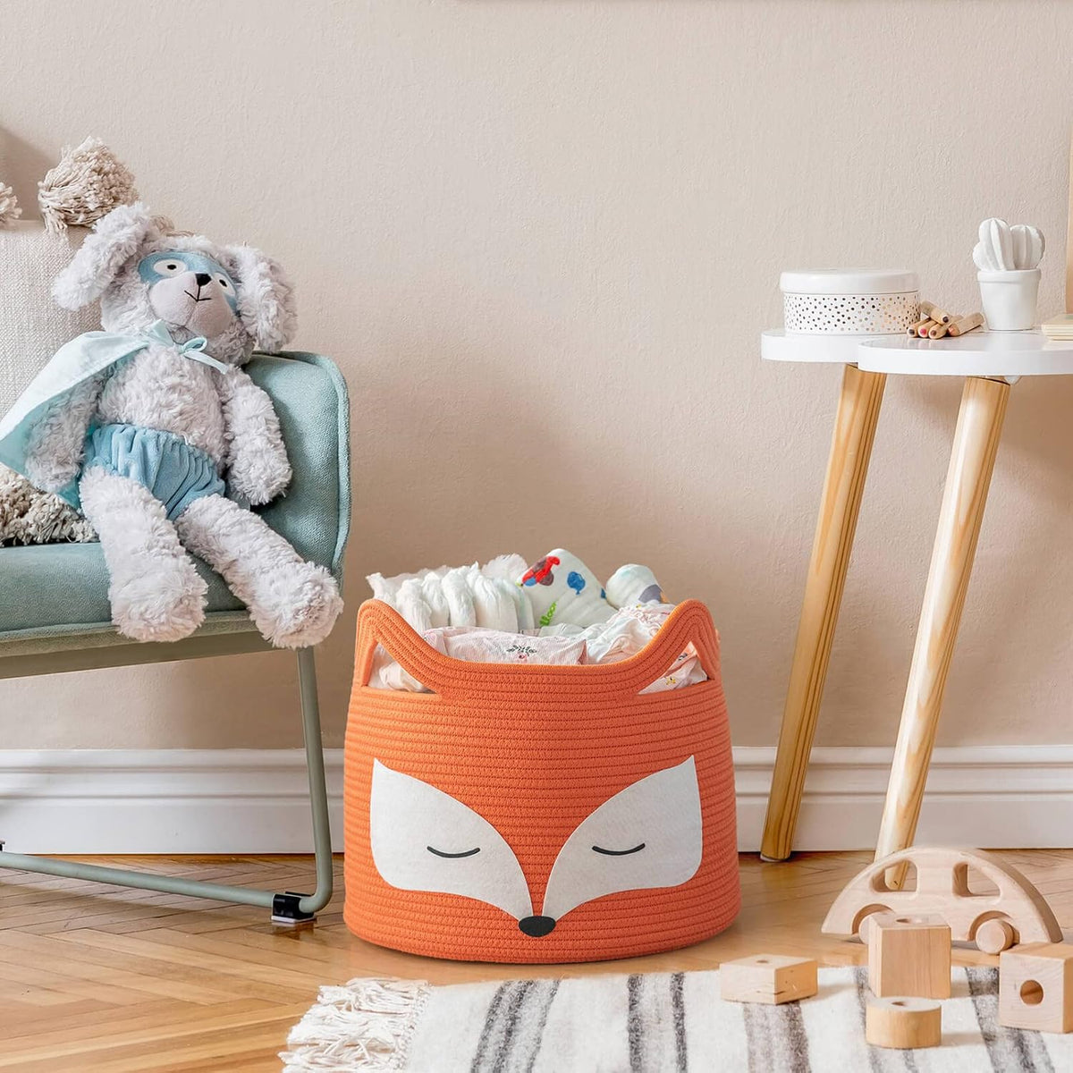 Fox Large Woven Rope Toy Basket for Home Décor, Orange