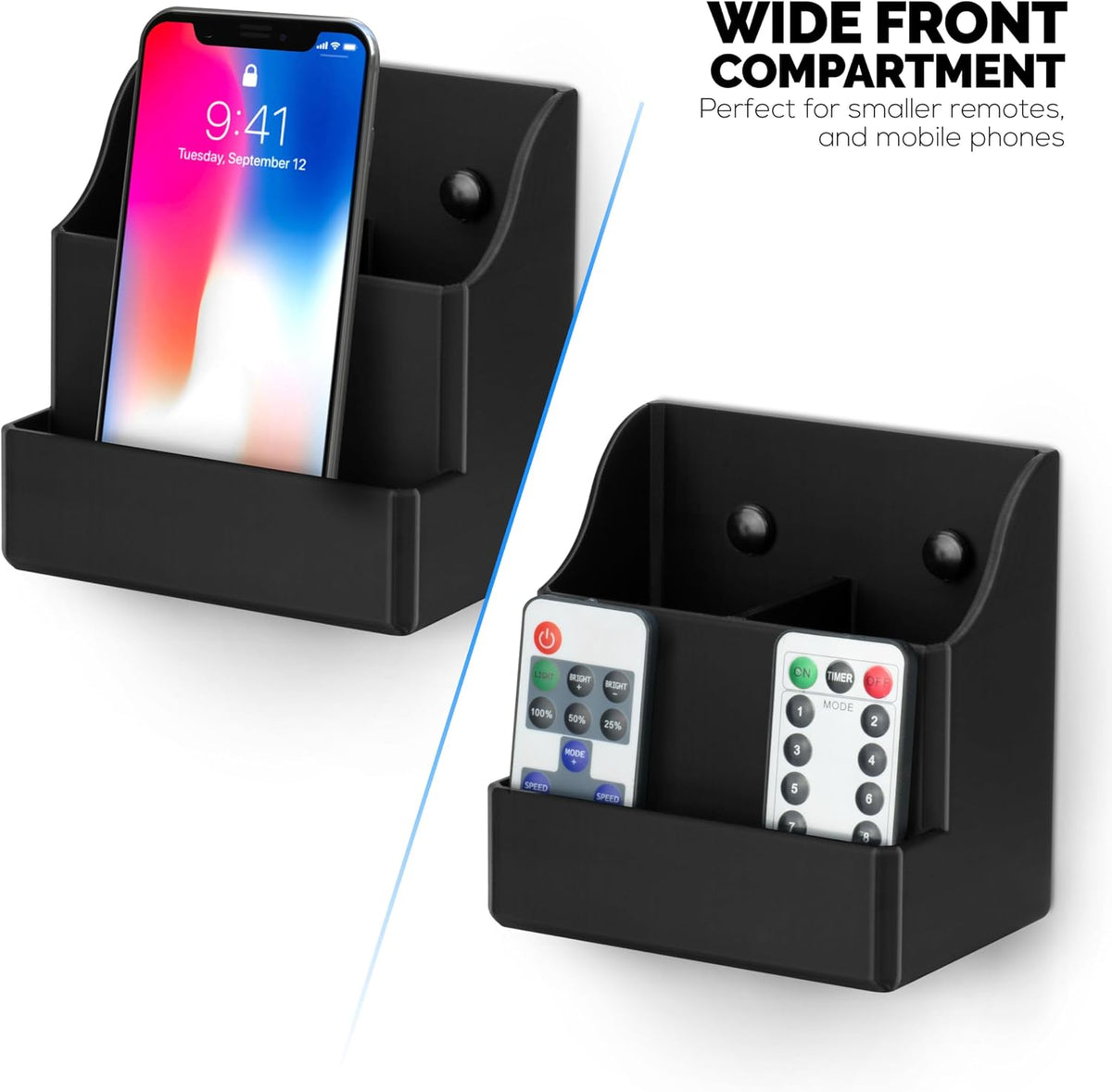 BRAINWAVZ Adhesive Remote Control Wall Mount Holder, Easy To Install, Holds upto 4 Remotes & Storage for Phones, Pens & More, Screw-In or Stick-On