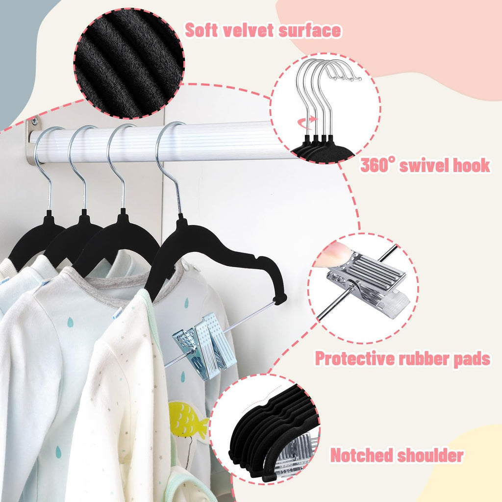 ManGotree 11.8'' Baby Velvet Hangers with Movable Clips 28 Pack Black