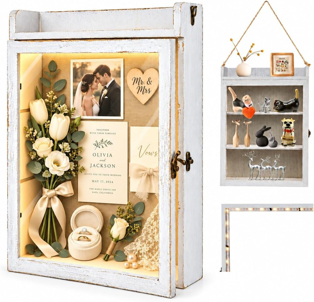 11x16 Shadow Box Frame with Shelves, Wedding Display Case, White