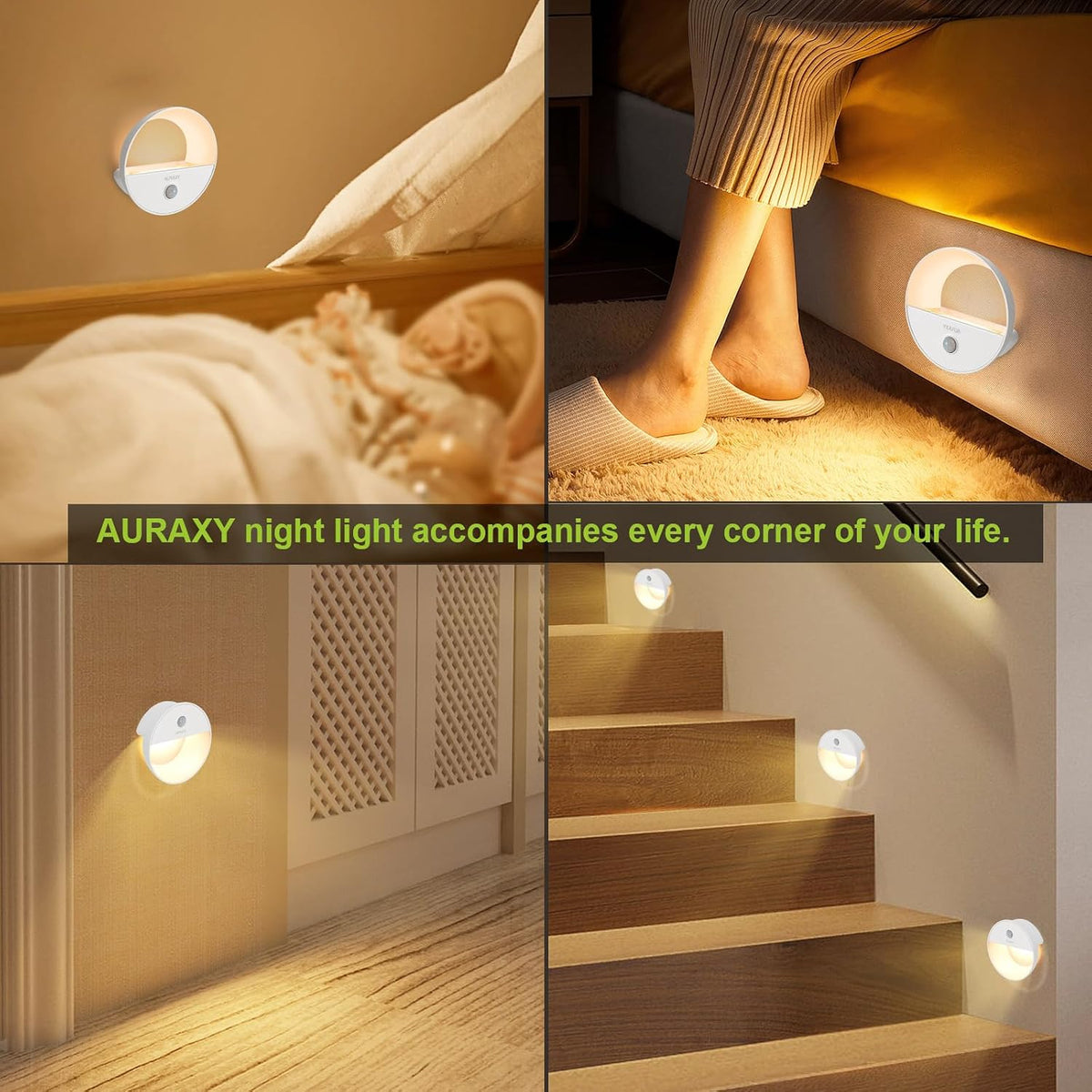 AURAXY Rechargeable Battery Night Light, Motion Sensor Night Light, LED Warm White Magnetic Stick-on Motion Sensored Hallway Light, with Dusk to Dawn Sensor for Stairs, Wall, Closet, Cabinet (6 Pack)