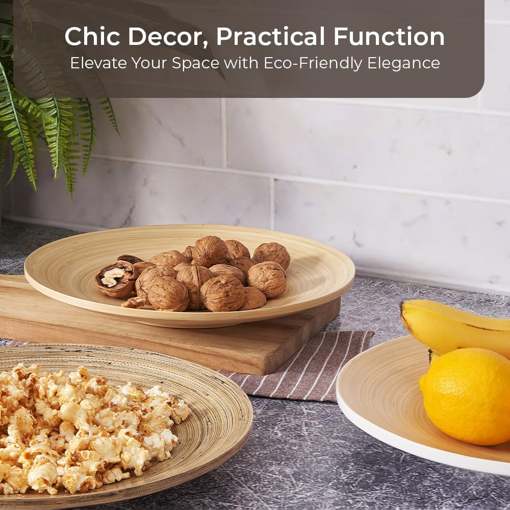 LEXA Bamboo Fruit Bowl 12" Large Round Wooden Plate for Coffee Table Decor & Charcuterie Board, Handcrafted Home Decor Tray or Platter - Single Bowl (White)