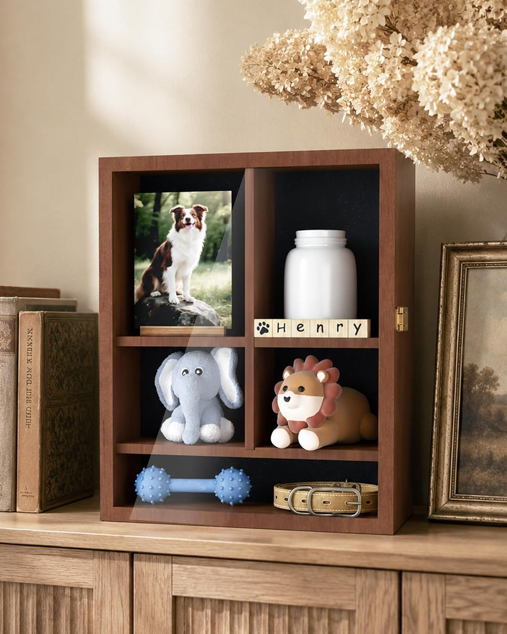 Pet Memorial Shadow Box, Dog Memorial Shadow Box with Adjustable Shelves & Pin-Back Board, Wooden Pet Memorial Box for Ashes, Photos & Keepsakes, Loss of Pet Sympathy Gift, in Memory of Dog Brown