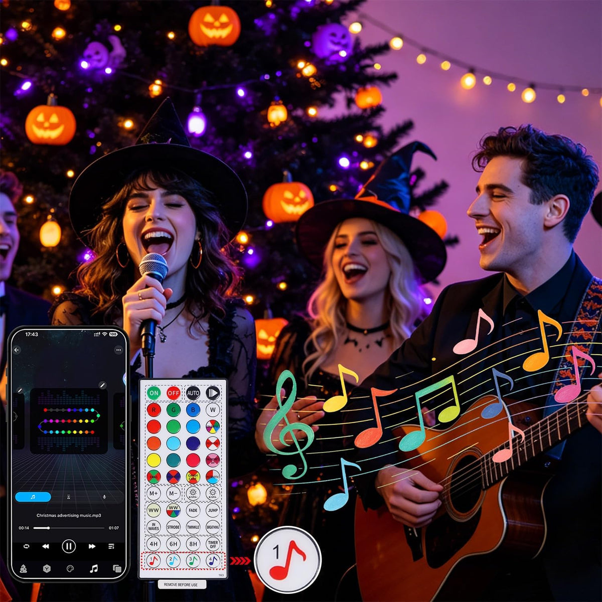 Home Lighting Smart Color Changing Halloween Lights, 66FT 200 LED RGB Christmas String Lights with Remote & App Controlled, Music Sync Multiple Mode, Waterproof Indoor Outdoor Holiday Tree Party Decor