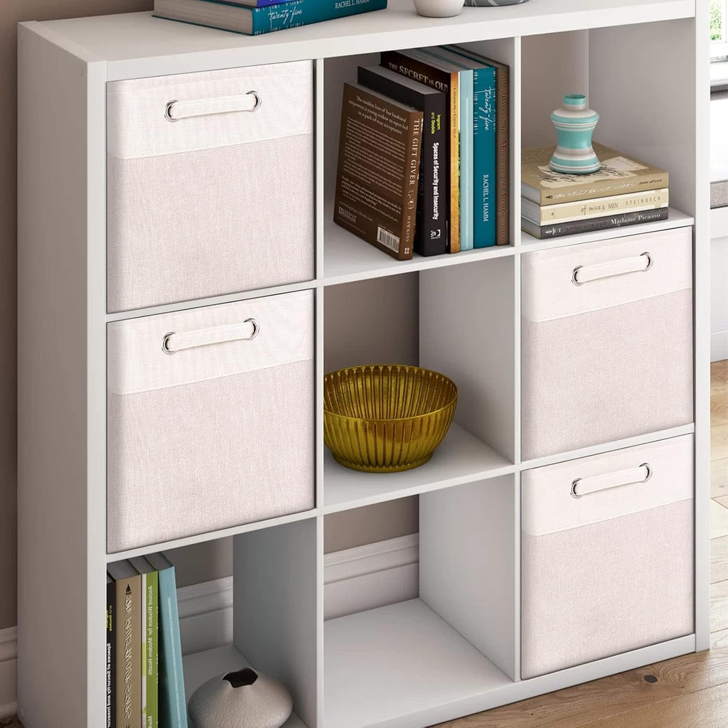 3 Pack 13x13x13 Storage Cube Bins with Handles, Beige Fabric Storage Baskets Heavy Duty Foldable - Cloth Organizer Bins for Closet, Shelf, Office (13 Inch Cube Storage Bins)