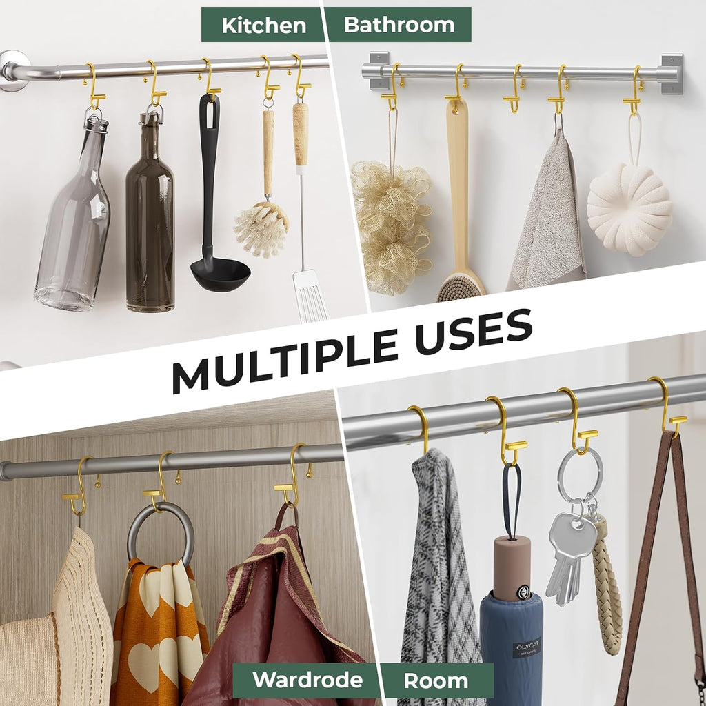 Warm Gold Shower Curtain Hooks, Bathway Shower Curtain Rings Rust Proof, 12PCS Shower Hooks for Shower Curtain, T-Bar Design Convenient Elegant Shower Curtain Hangers for Bathroom Kitchen Wardrobe