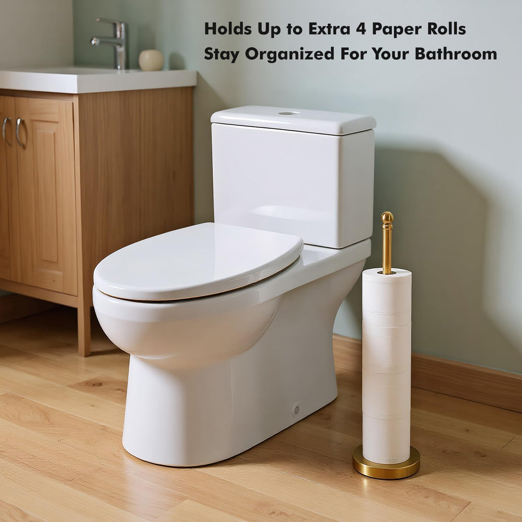 Toilet Paper Holder Stand Holding Up to 5 Paper Rolls, Free-Standing Spare Rolls Storage Holder, Stainless Steel (Brushed Gold)