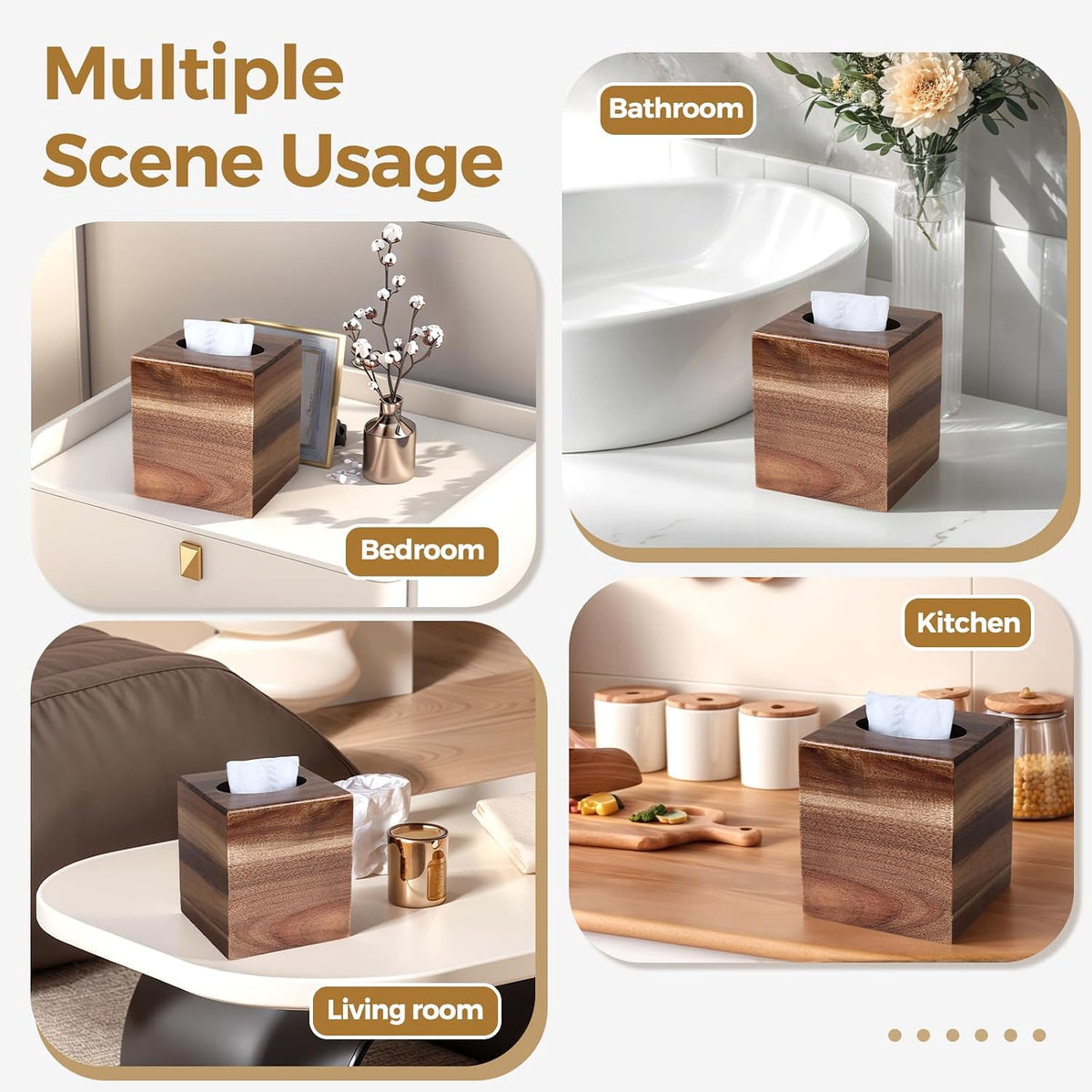2 Pack Acacia Wood Tissue Box Cover，Wooden Tissue Box Holder Square