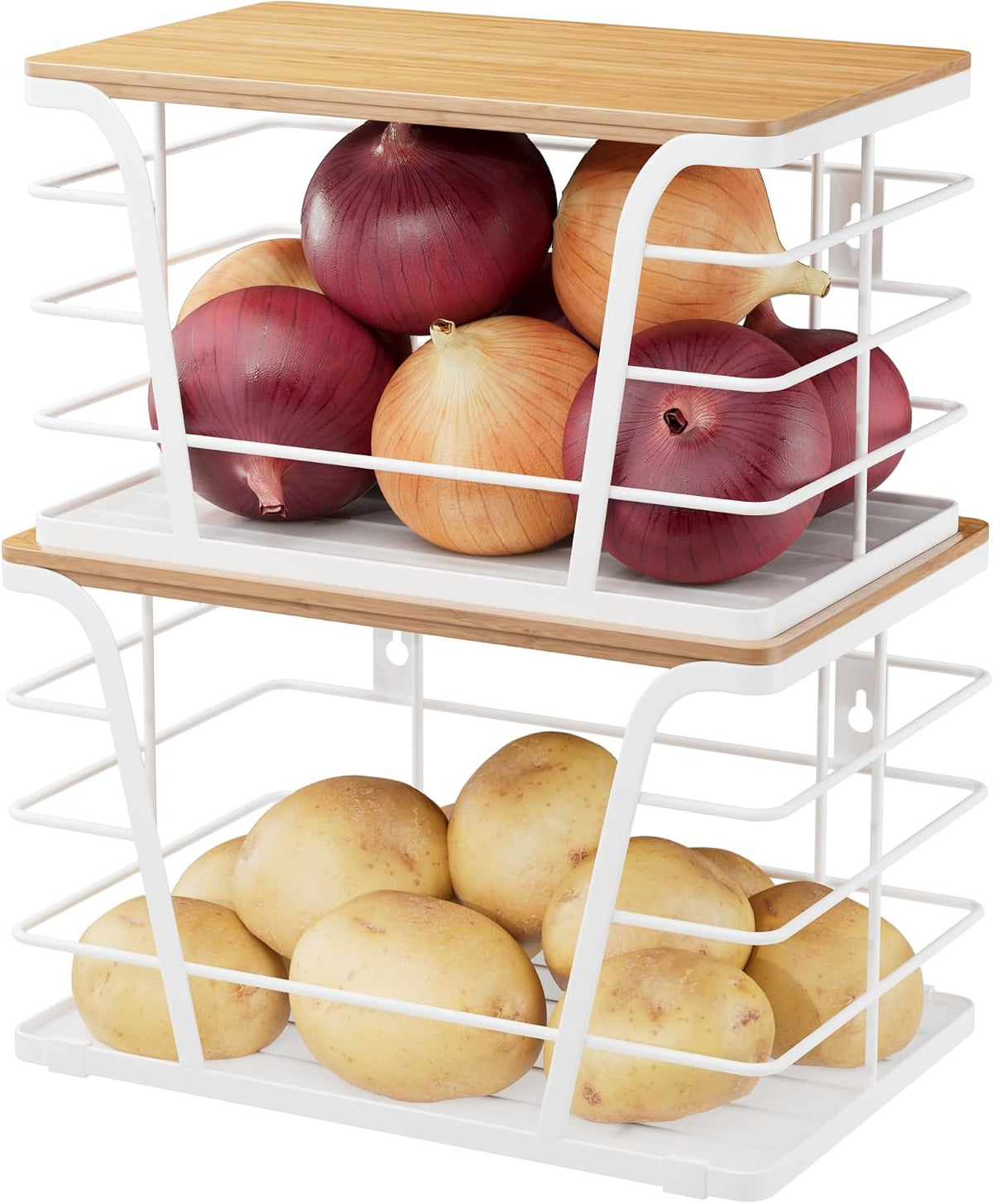 TIDIIABODE 2 Pack Kitchen Organization for Onions,Potatoes - Fruit Basket for Kitchen Counter & Storage Basket,Stackable Storage Bins with Bamboo Top & Lightweight PP Mat,White