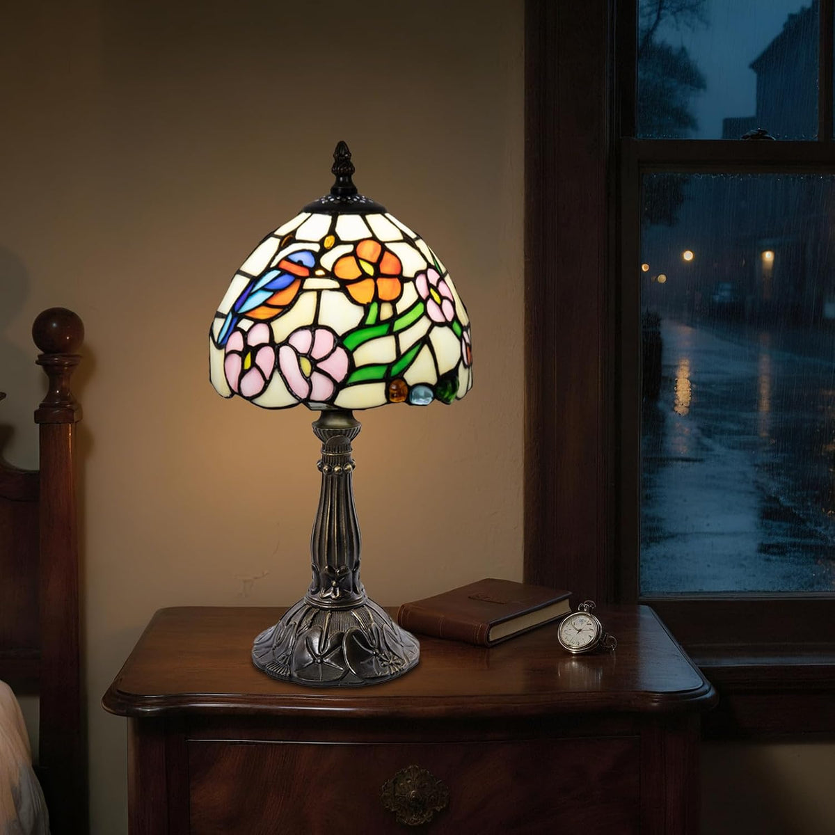 Small Tiffany Style 8 inch Bird Flower Stained Glass Table Lamp