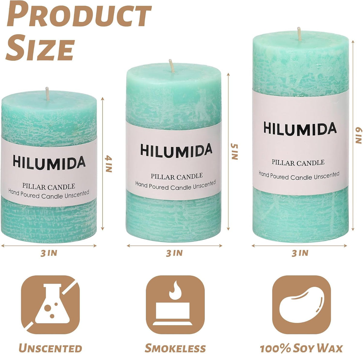 Turquoise Pillar Candles Set of 3 - Hand-Poured Unscented Candles,Smokeless Dripless Candles for Dinner Table and Home, Set of 3 in Different Sizes (3"x4", 3"x5", 3"x6")