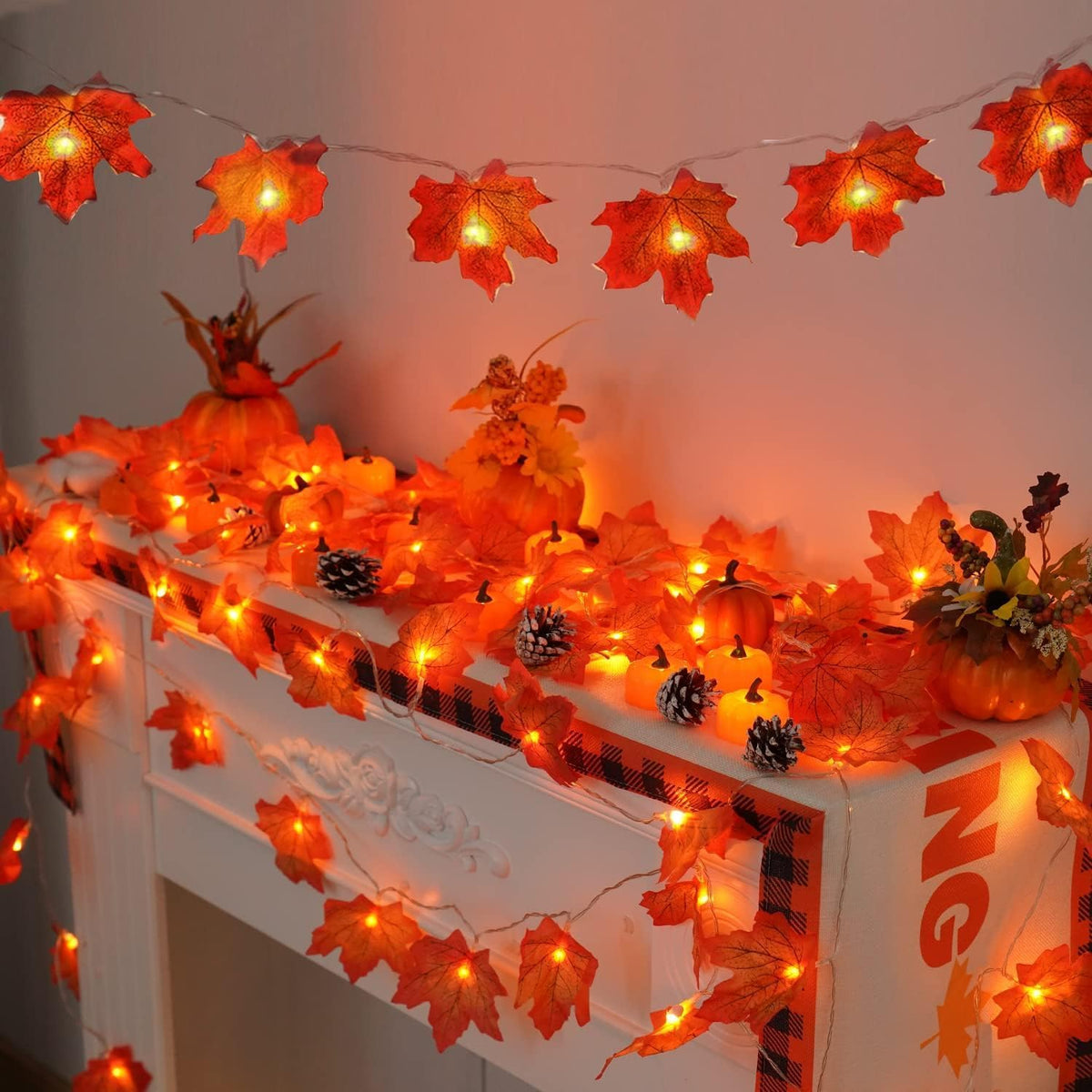 YEGUO 2 Packs Fall Lights Battery Operated for Thanksgiving Decorations, Total 20ft 40 LED Lighted Fall Garland Maple Leaves for Home Autumn Harvest Fall Halloween Holiday Party