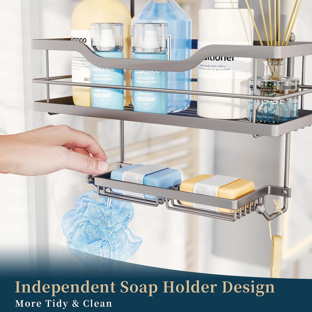 Consumest Over The Door Shower Caddy - 3 Tier Shower Organizer Hanging with Soap Holders, Large Capacity Shower Shelves with 6 Hooks, Bathroom Rack and Storage, Satin Nickel