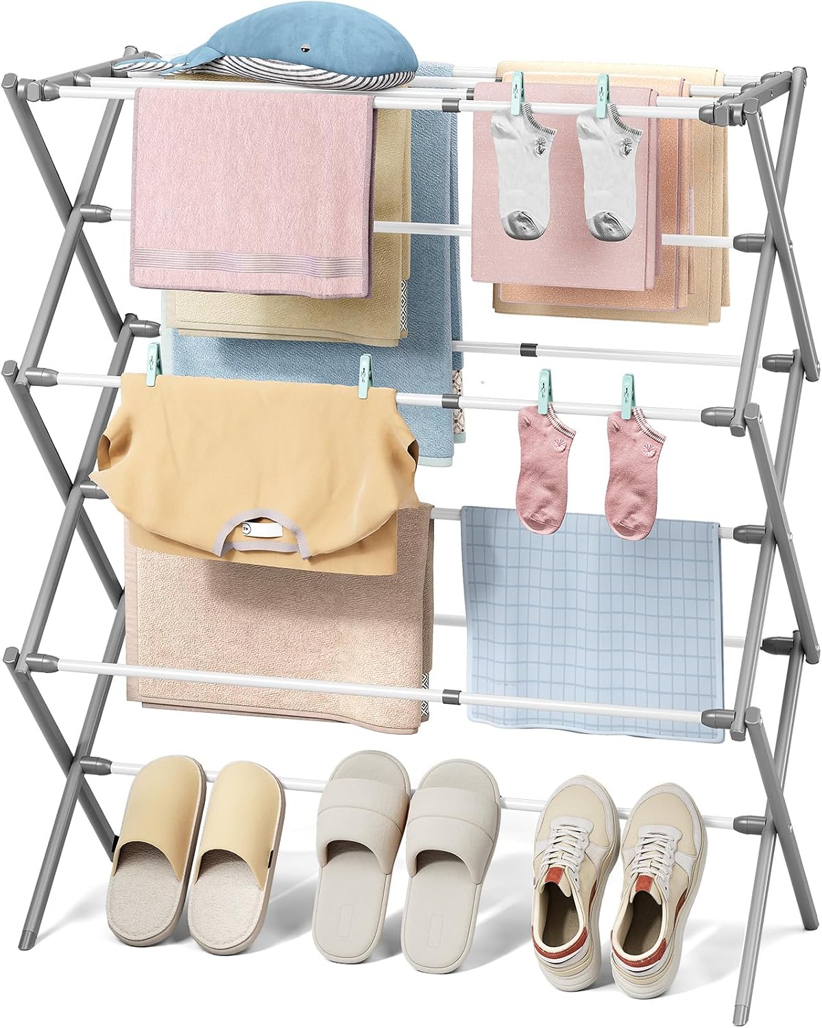 KINGBOARD Clothes Drying Rack, 3-Tier Foldable Extendable, White & Grey