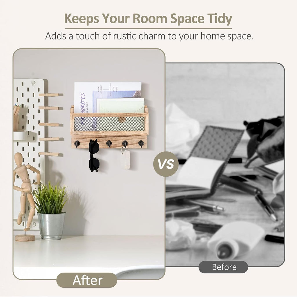 Nekon Mail and Key Holder for Wall Decorative, 11 Inch Mail Holder, Wood