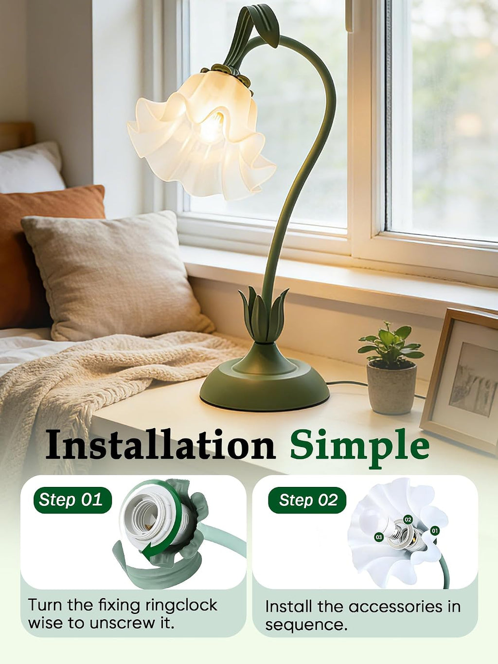 Bedside Table Lamp for Bedroom, Vintage Flower Table Lamps, LED Reading Light 3 Color Modes Bedside Lamps, Nightstand Lamp Kawaii Desk Lamps for Bedroom Living Room Home Decoration(Green lamp)