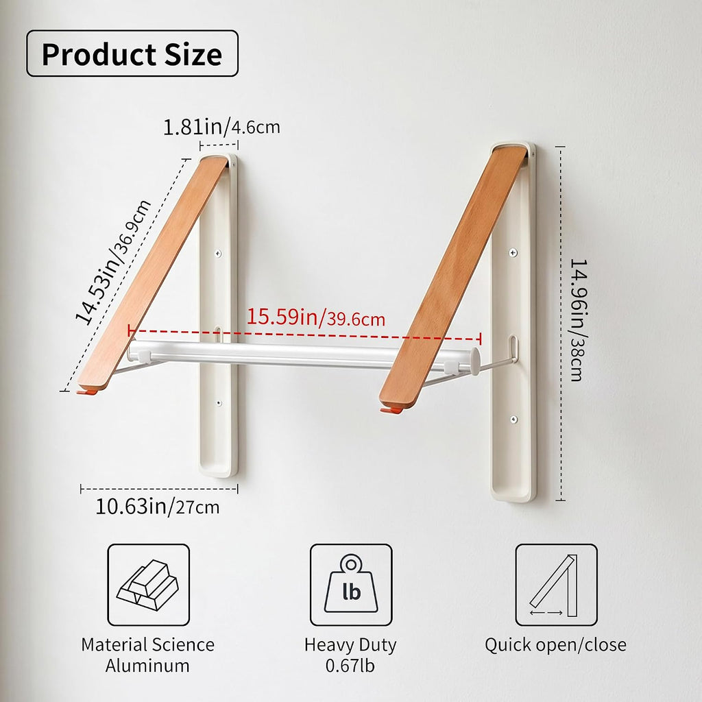 LEQ Clothes Drying Rack Wall Mounted, Foldable Laundry Drying Rack with Wood-Tone Aluminum Frame, Rustproof Retractable Clothes Hanger for Small Laundry Room, Bathroom, Balcony,(White, 2 Racks + Rod)