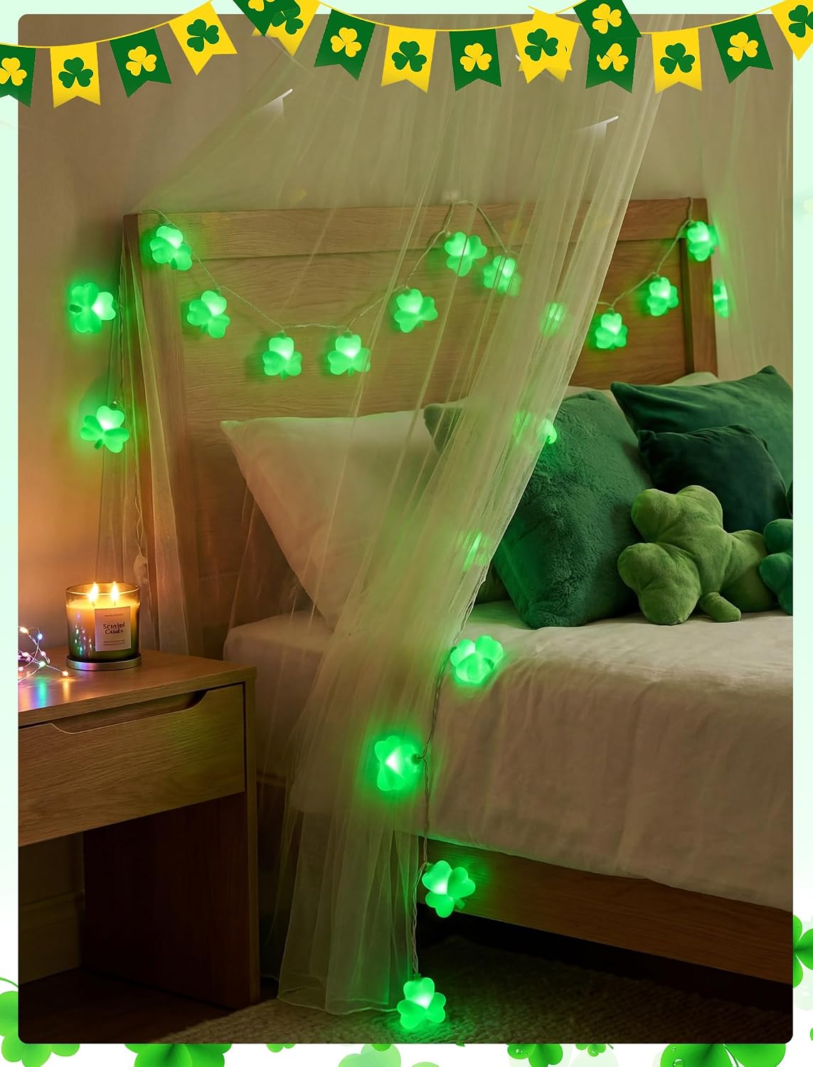 8.5Ft St patricks Day Lights Outdoor, Shamrock String Light Plug in with 10 LED Lucky Clover Lights, Green Clover for Irish Bedroom Home Garden Party Green Feast St. Patrick's Day Decorations