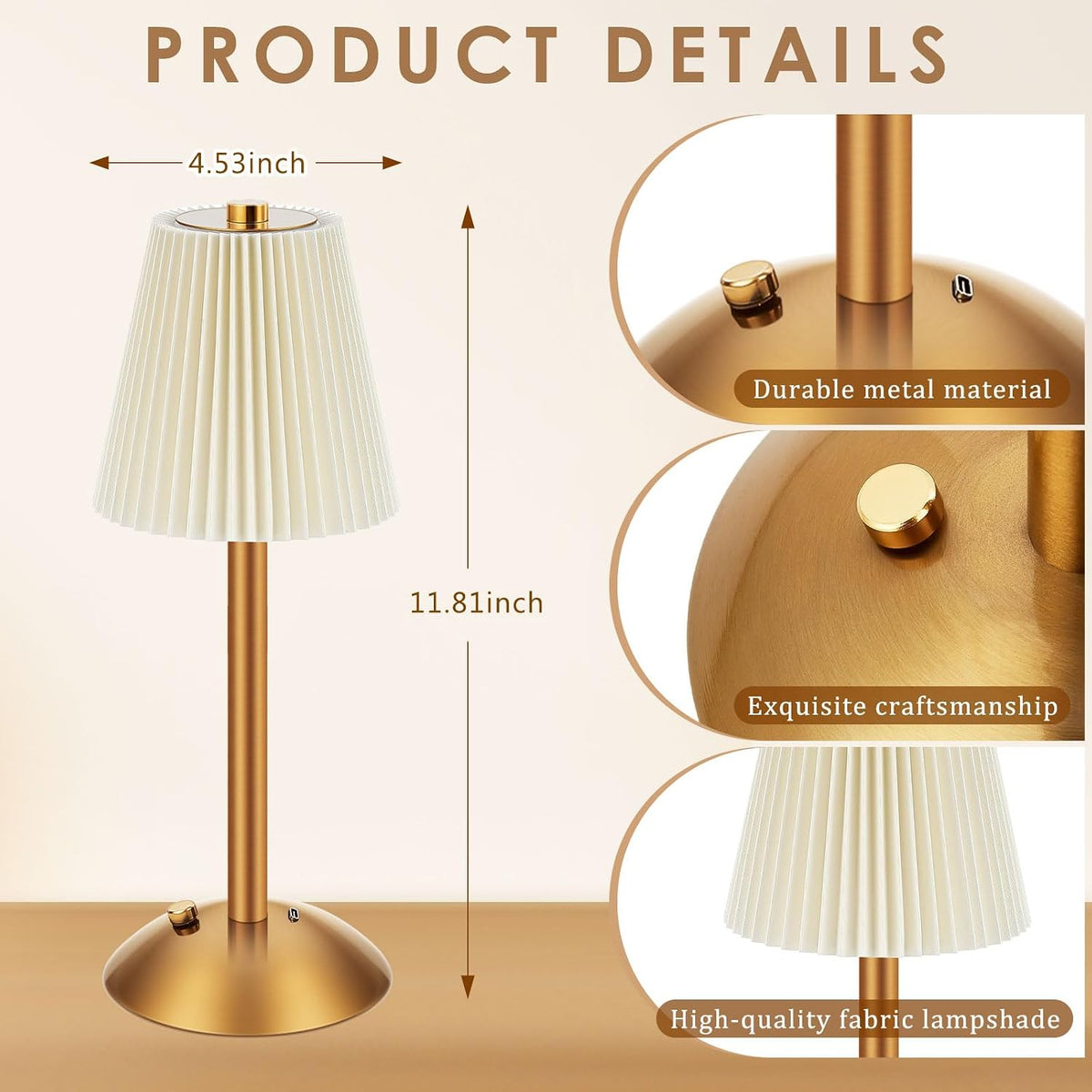 Liliful 4 Pcs Cordless Table Lamp LED Touch, Gold, Beige Cloth Style