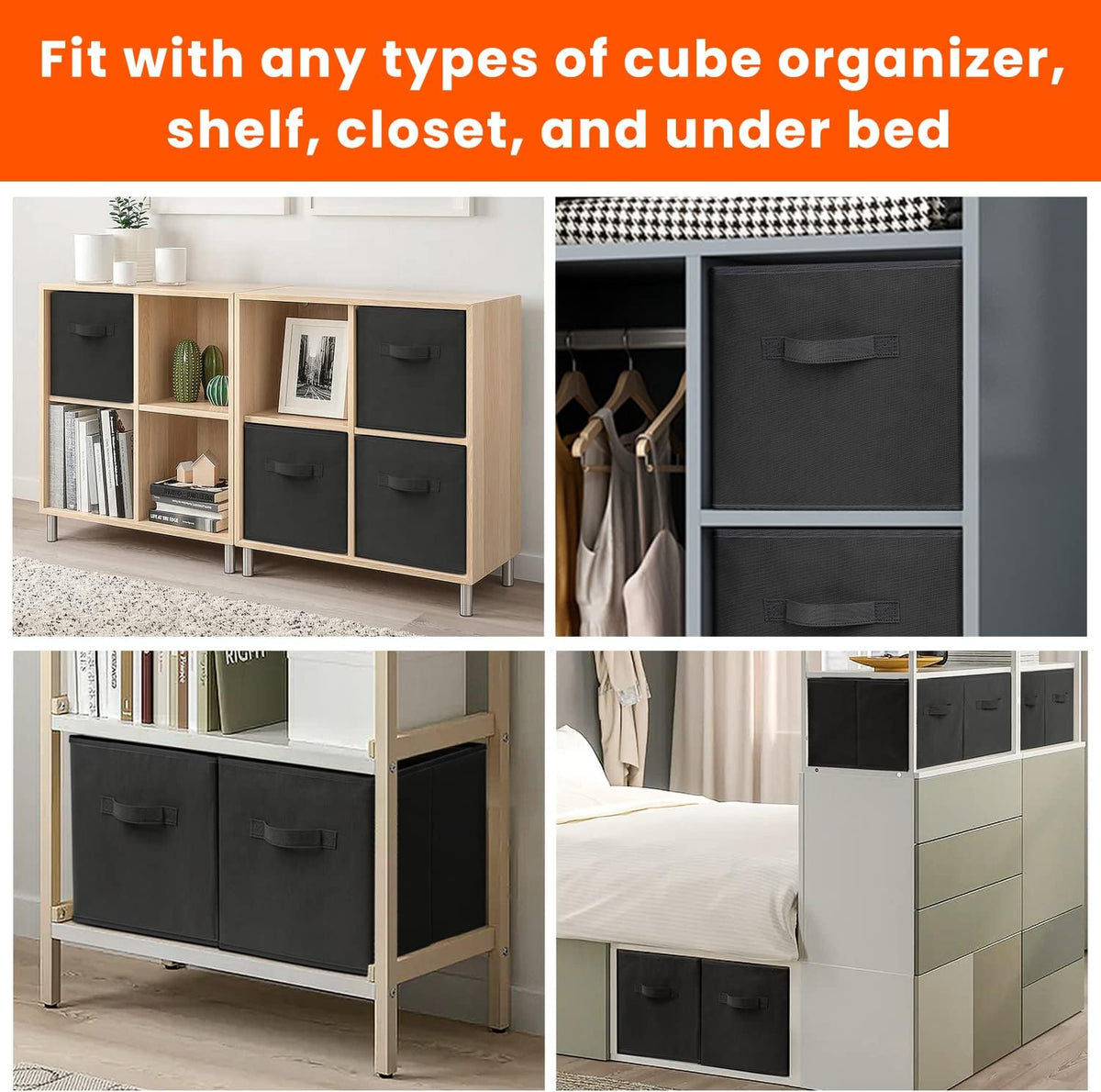 Criusia Large Storage Cubes - 13 Inch Heavy Duty Fabric Storage Bins for Shelves Closet, Cube Organizer - 8 Pack Collapsible Cube Storage Bins Baskets for Organizing Clothes Blankets Toys (Black)