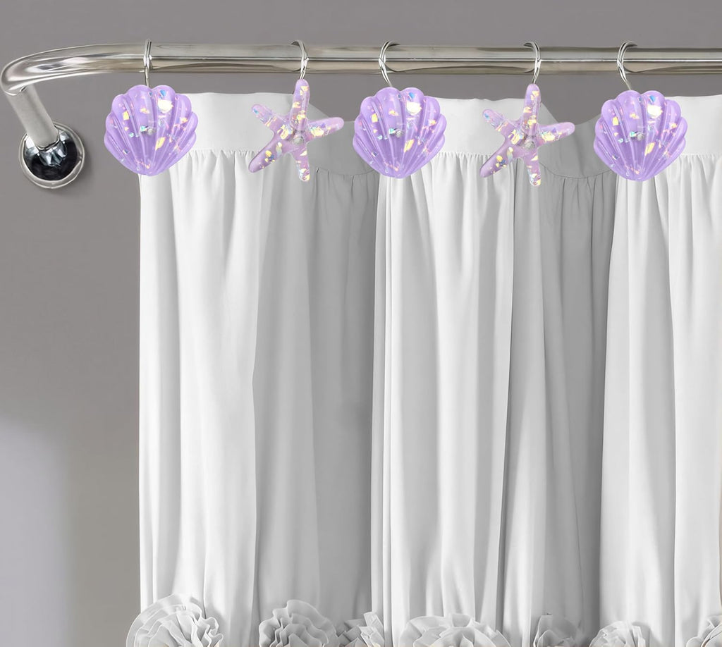Seashell Shower Curtain Hooks, 12PCS Stainless Steel Anti Rust Starfish and Seashell Decorative Shower Hooks Ocean Theme Shower Curtain Hooks for Home Bathroom (Purple Seashell)