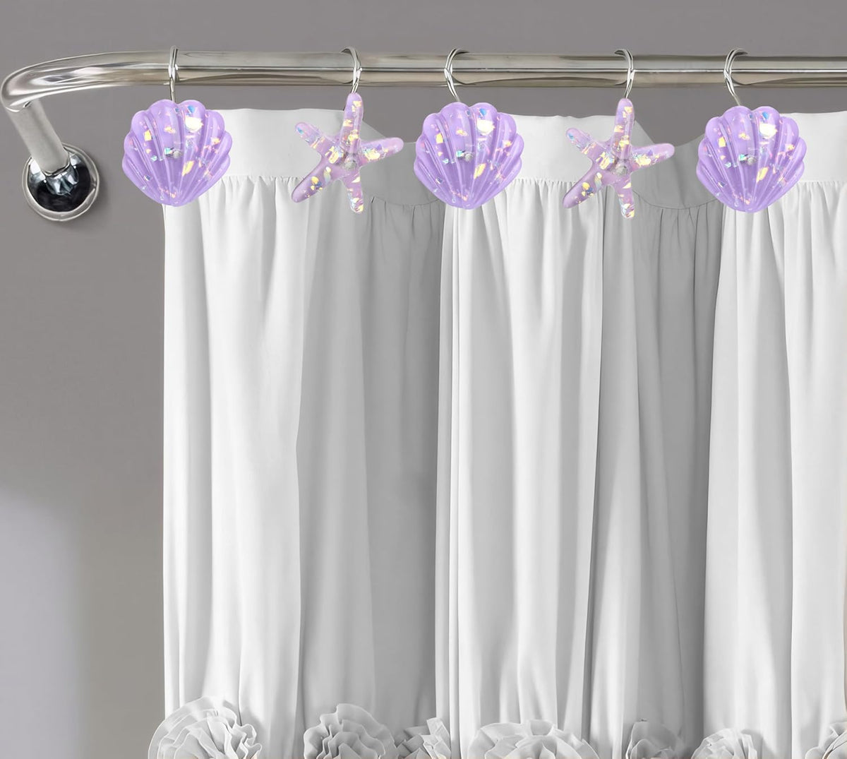 Seashell Shower Curtain Hooks, 12PCS Stainless Steel Anti Rust Starfish and Seashell Decorative Shower Hooks Ocean Theme Shower Curtain Hooks for Home Bathroom (Purple Seashell)
