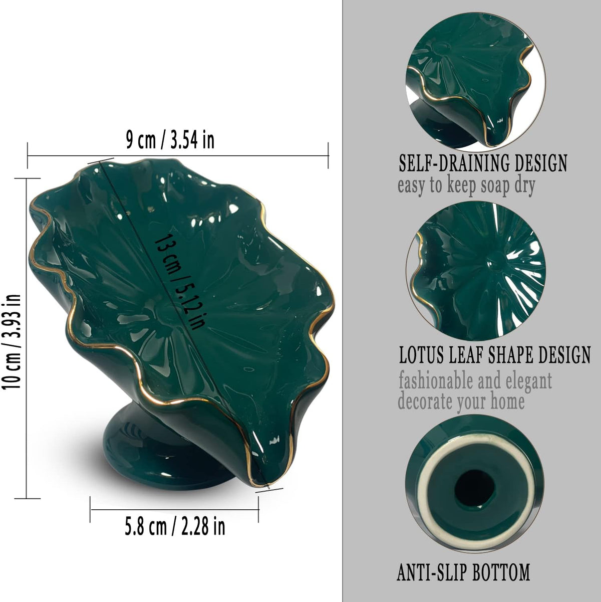 Bathroom Soap Dishes Green, Lotus Leaf Soap Holder,Ceramic Soap Dish for Counter Top,Self Draining Soap Holder (Green)