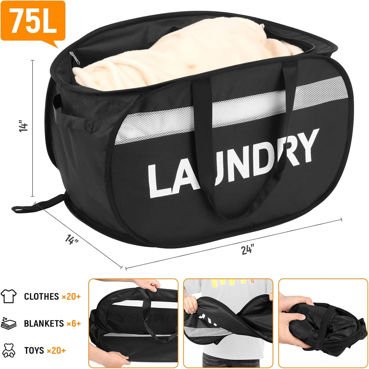 Collapsible Laundry Baskets with Lid, Foldable Clothes Hamper with Reinforced Handles, Sturdy Pop Up Hampers for Laundry, Tear Proof & Easy to Carry Laundry Hamper for Home, Dorm, Travel Black