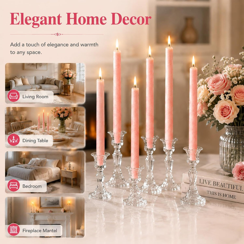Pink Taper Candles 6 Pack,10 Inch Ice Flower Palm Wax Dripless Candlesticks