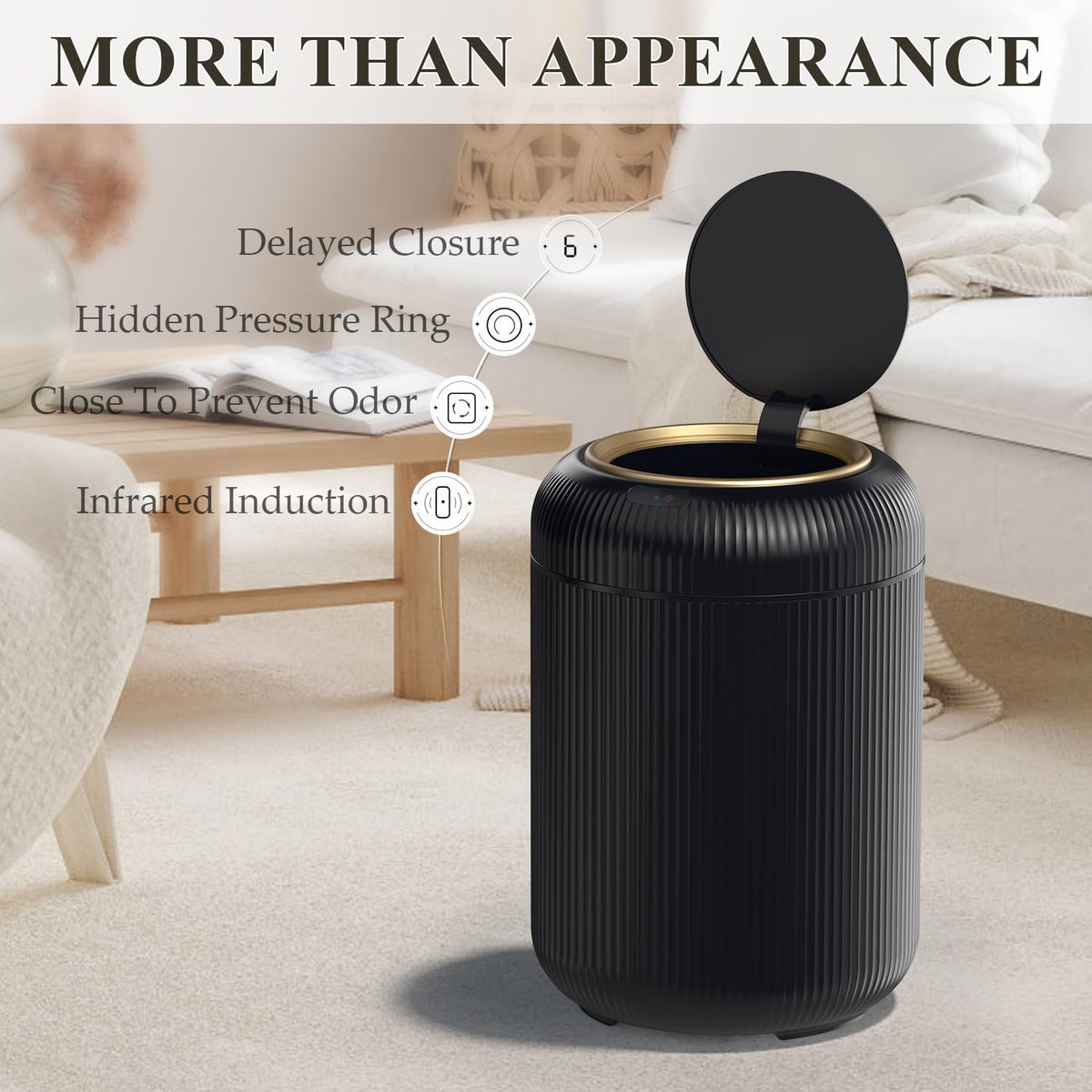 Motion Sensor Bathroom Trash Can with Lid,Black and Gold Garbage Can
