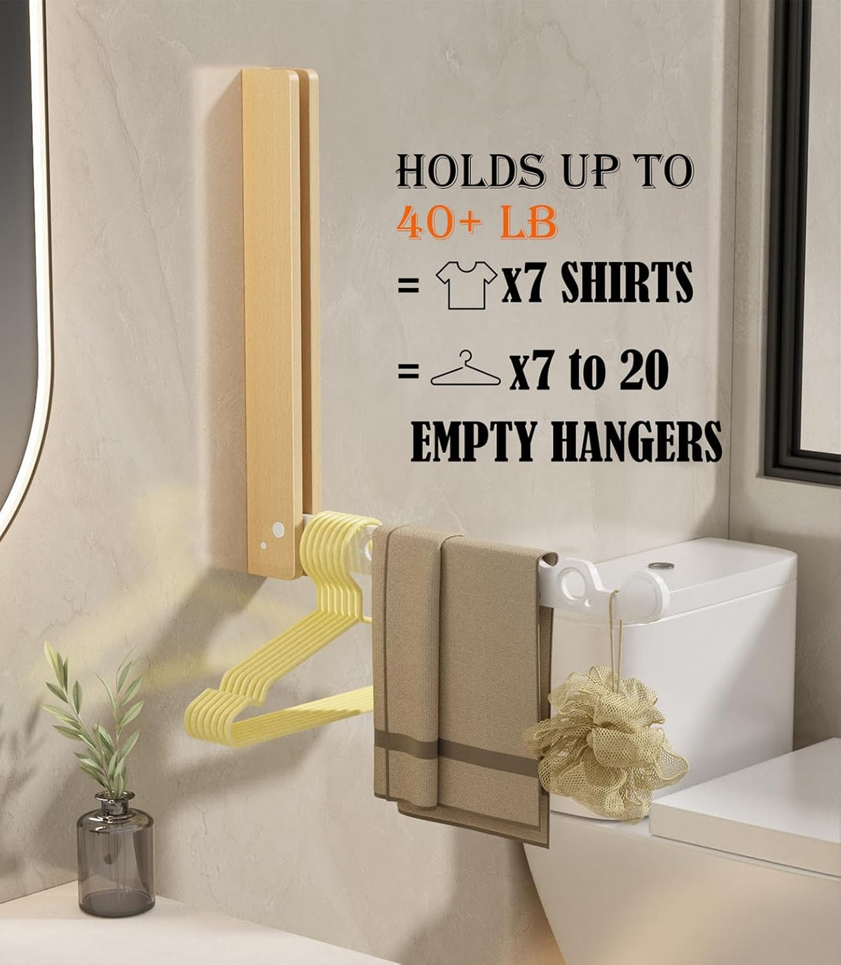 Natural Wood Folding Clothes Hanger Rack for Laundry Room, Wall Mounted Clothes Drying Rack, Laundry Drying Rack Foldable, Perfect for Small Spaces, Beech Wood White