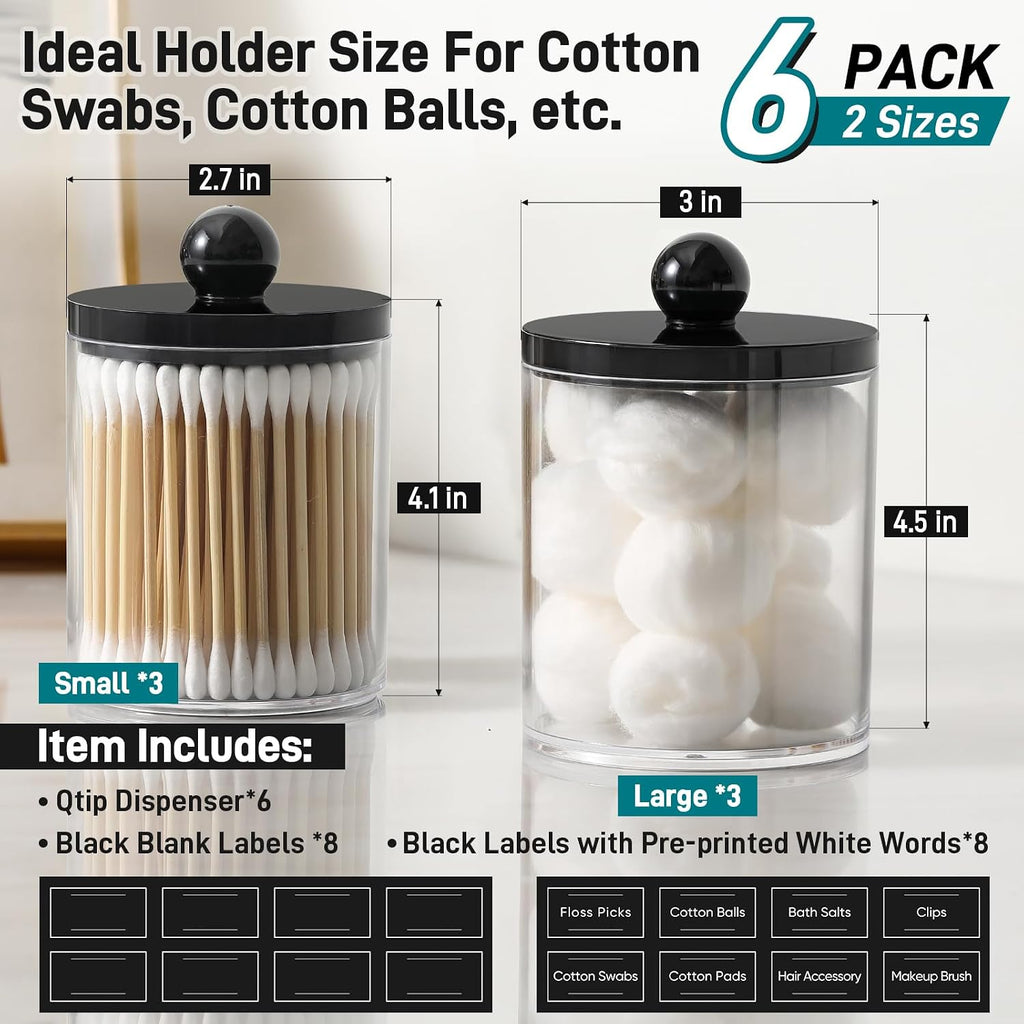 6 Pack Acrylic Qtip Holder Dispenser for Cotton Swabs, Balls, Pads, Floss - Plastic Canister Apothecary Jar Set, Bathroom Essentials Accessories Decor Vanity Makeup Storage Organizer - Clear & Black