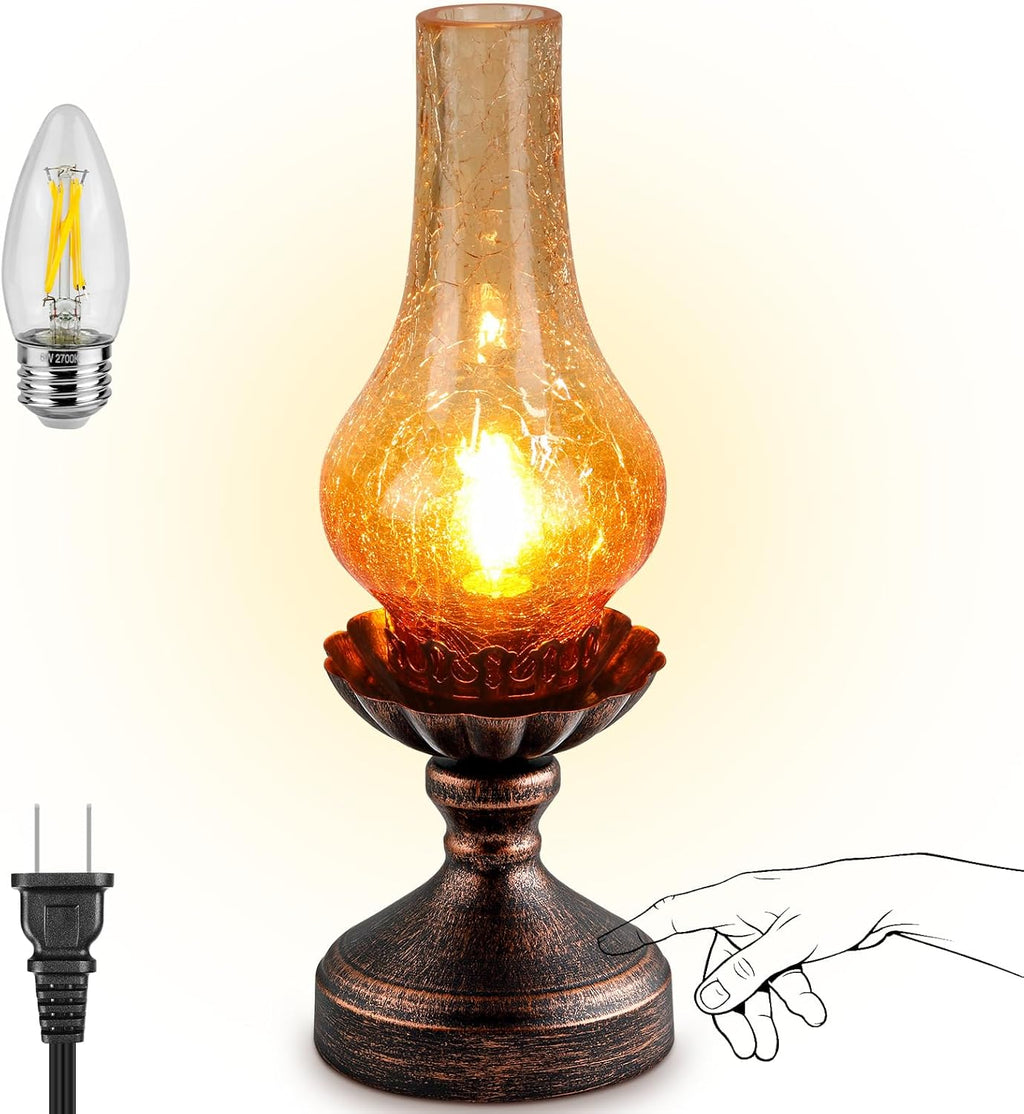 Vintage Table Lamp with Amber Gradient Crackle Glass Shade,Touch Control & 3-Way Dimmable Rustic Retro Farmhouse Bedside Lamp for Bedroom, Living Room, Cabin, Office (2700K LED Candle Bulb Included)