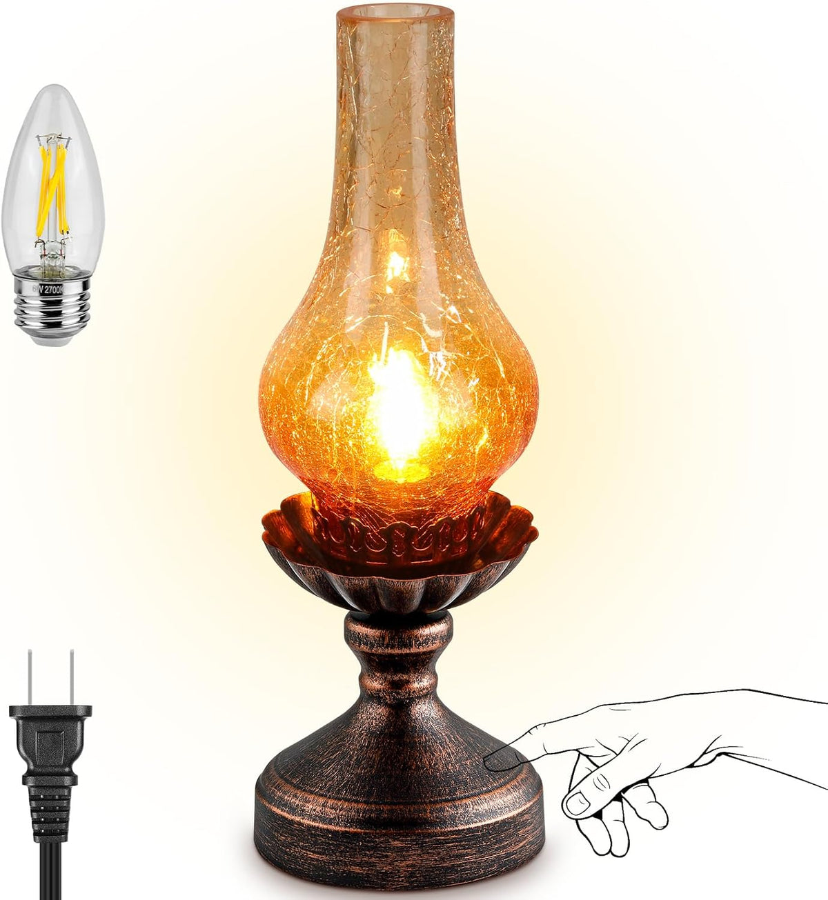 Vintage Table Lamp with Amber Gradient Crackle Glass Shade,Touch Control & 3-Way Dimmable Rustic Retro Farmhouse Bedside Lamp for Bedroom, Living Room, Cabin, Office (2700K LED Candle Bulb Included)