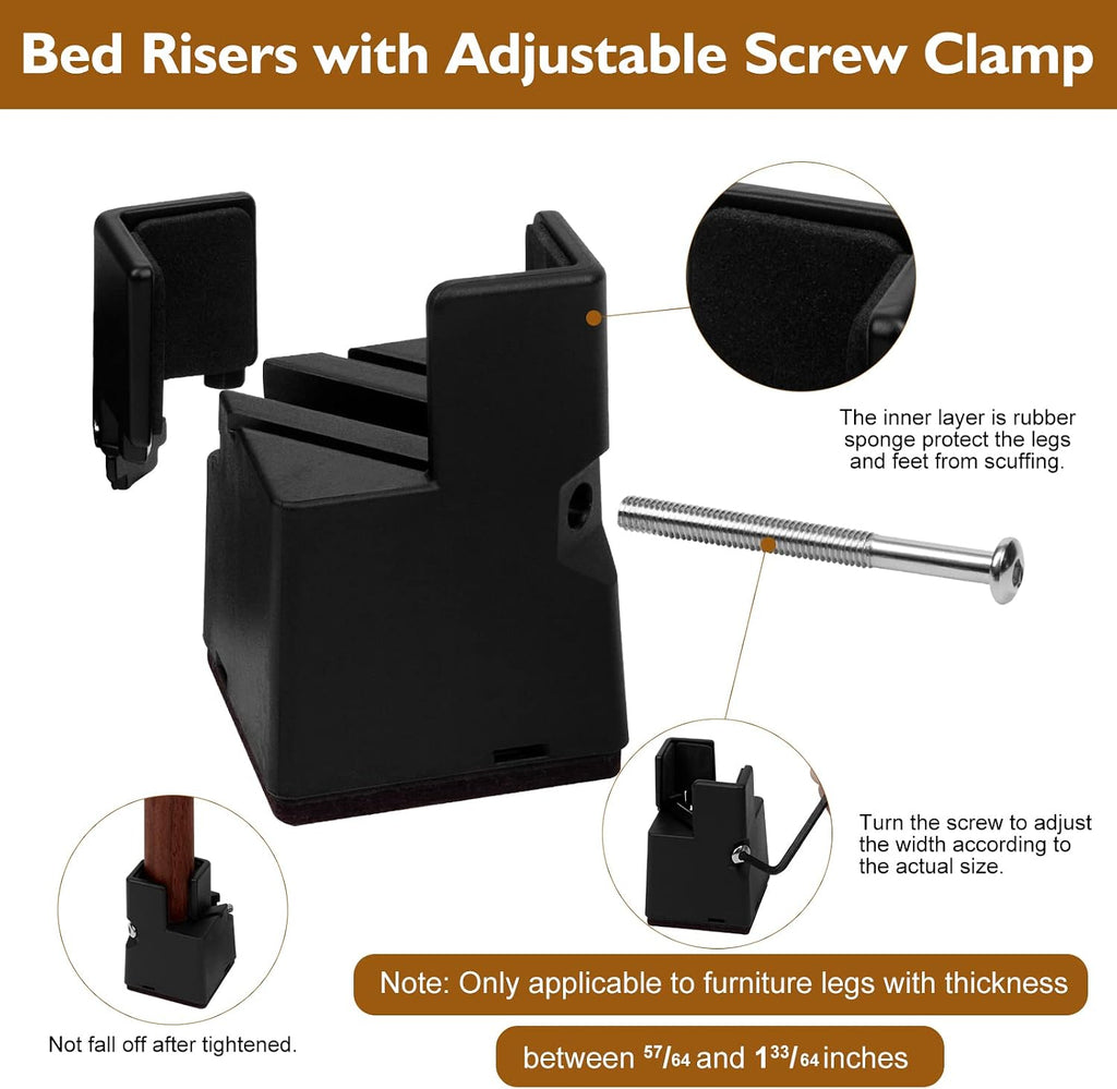 Bed Risers 2 Inch with Adjustable Screw Clamp, 4 Pack Heavy Duty Furniture Risers, Supports up to 5,000 lbs, Fits Furniture Legs with Thickness from 0.9 to 1.5 Inch(Black, Type-G)