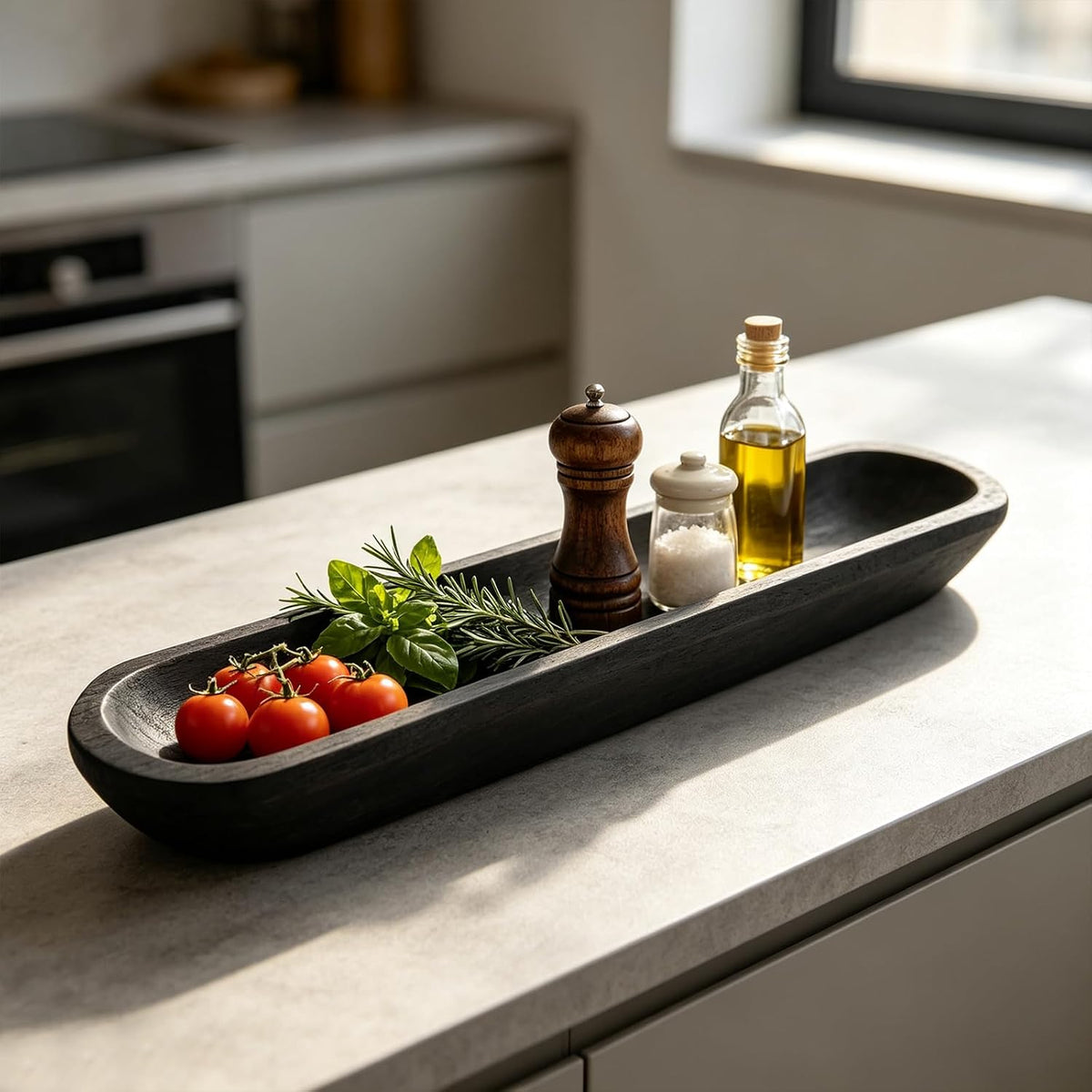 Decorative Wooden Dough Bowls 30 Inch, Long Natural Root Hand Carved Bowl Large Bread Shaped Wooden Tray, Rustic Centerpiece Dining Room Table Centerpiece Potpourri Decor Display Bowl-Black